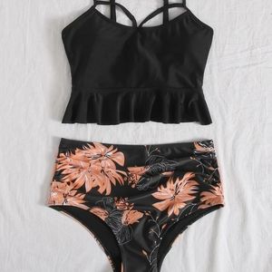 Lace-up Floral High Waisted Bikini Swimsuit